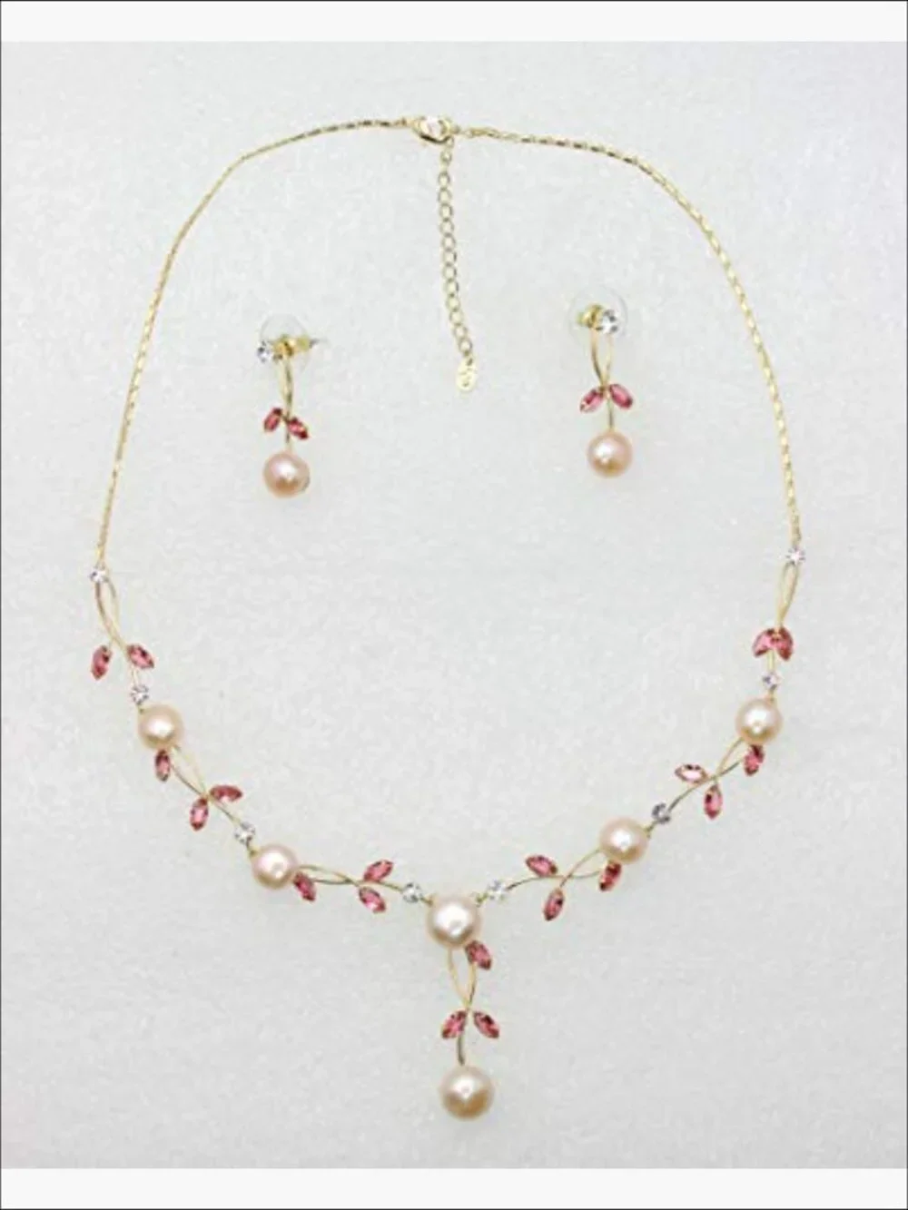 CZ Crystal Genuine Freshwater Pearls Floral Necklace Earrings Set Gold Plated - Picture 2 of 5